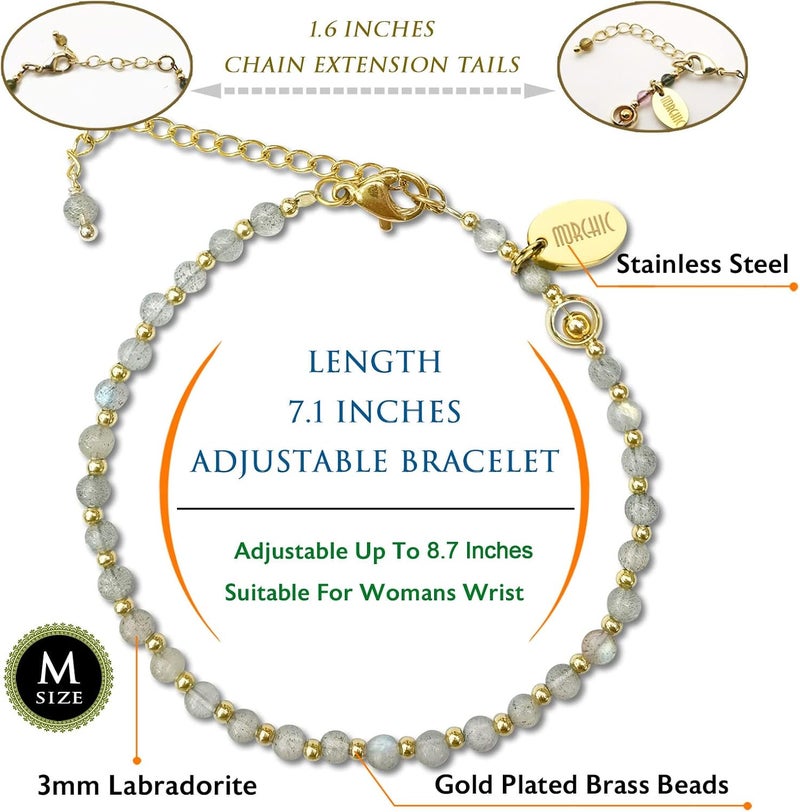 Morchic 3mm Tiny Beads Natural Gemstone Bracelet for Women, Adjustable 7.1" Energy Gem Charm Jewelry, Dainty Handmade Birthday Gift - Image 2